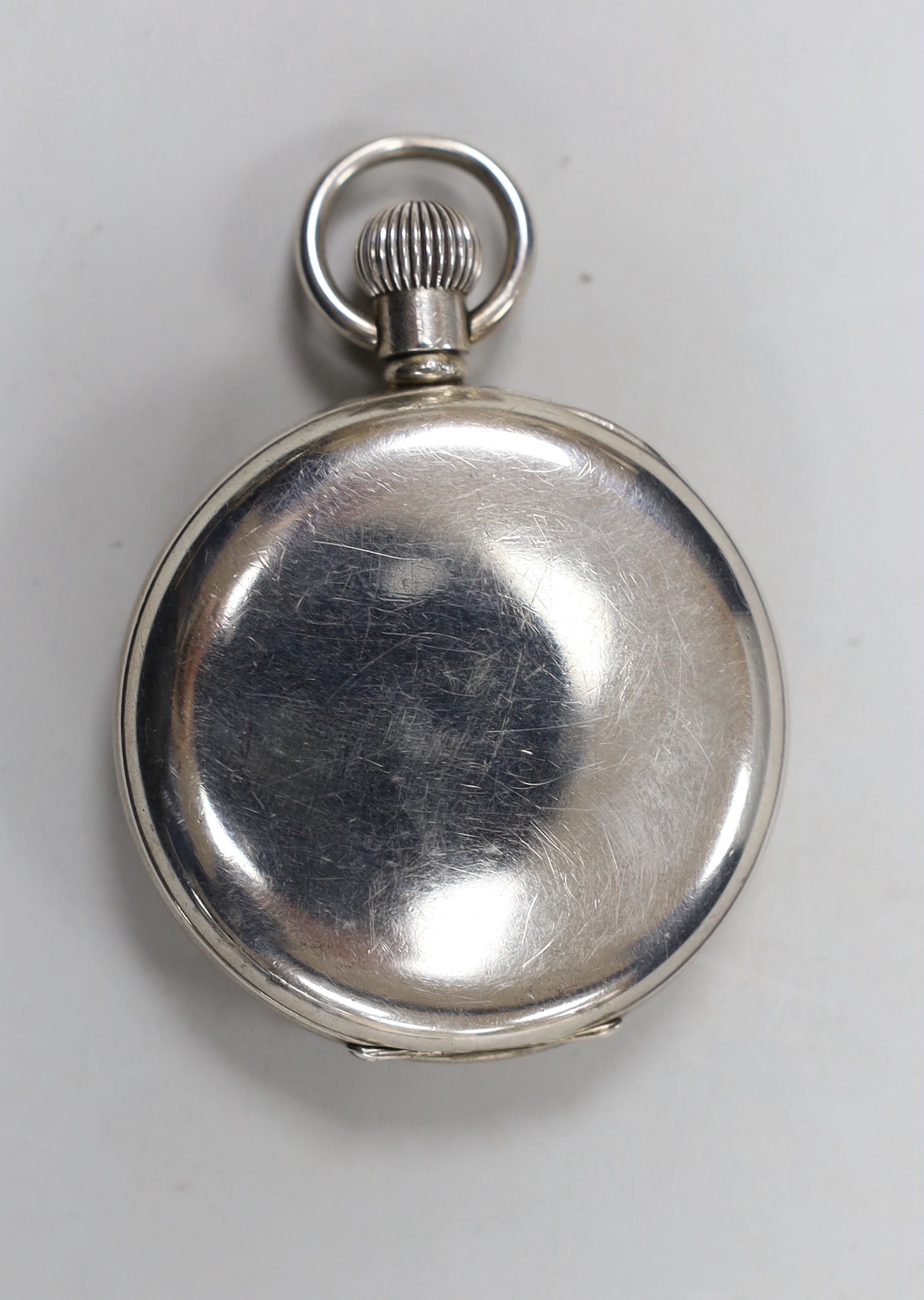 A 1930's silver J.W. Benson open faced keyless pocket watch, with Roman dial, case diameter 51mm, in original fitted J.W. Benson case.